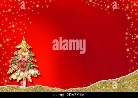 Biglietti d'auguri natalizi, astratto a mano libera fiori abete albero, sfondo di carta rosso con spazio copia . Foto Stock