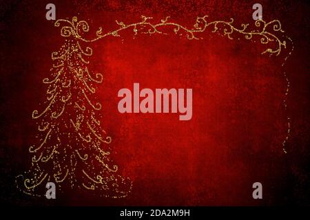 Biglietti d'auguri natalizi, disegno astratto a mano libera di abete dorato e stella, carta rosso scuro con bianco per messaggio o foto. Foto Stock