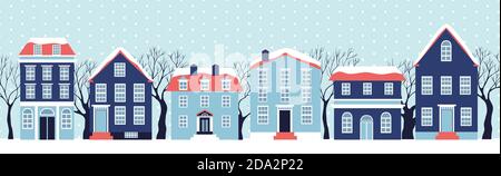 Collezione casa invernale. Immagine vettoriale delle case di natale blu coperte di neve. Vacanza e celebrazione, architettura invernale. Illustrazione Vettoriale