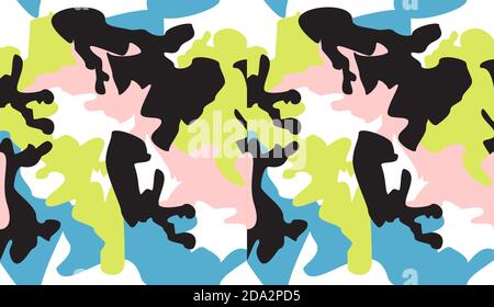 Motivo camouflage senza cuciture sfondo vettoriale.Moda abbigliamento stile mascheratura camo ripetizione Print.Lime blu nero bianco colori texture design per virtuale Illustrazione Vettoriale