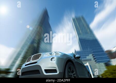 Rendering 3D di una vettura sportiva che accelera di fronte a uno skyline. Foto Stock
