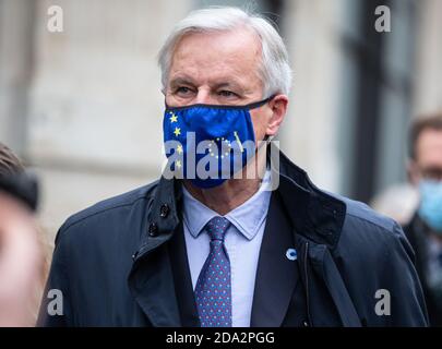 Londra, Regno Unito. 9 Nov 2020. Michel Barnier, capo negoziatore dell’UE, arriva per colloqui sulla Brexit con Lord David Frost. Credit: Mark Thomas/Alamy Live News Foto Stock