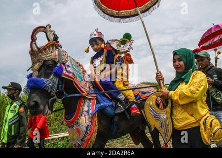 Una donna cammina tenendo un ombrello per bambini che cavalcano il "cavallo da rancing", conosciuto anche come "Kuda Renggong" durante la processione a Tanjungsari. Il cavallo da ballo, conosciuto anche come "Kuda Renggong", è una delle arti dello spettacolo e della cultura folk di Sumedang. La parola 'Roggong' deriva dalla parola ('ronggeng' o 'kamonesan' nella lingua locale Sundanese) che significa abilità. Il Cavallo è stato addestrato con le abilità di ballare alla musica di accompagnamento, particolarmente la batteria, che è usata solitamente come corsa di mezzi nella processione della circoncisione dei bambini. Foto Stock