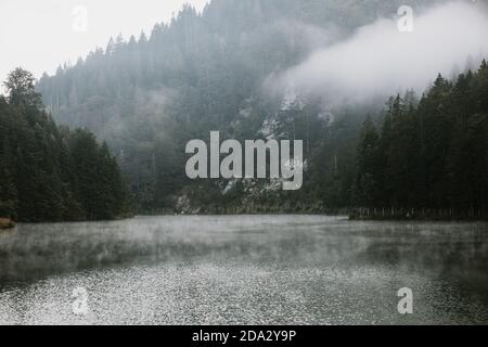 Nebbia mattina presto sul lago di montagna Foto Stock