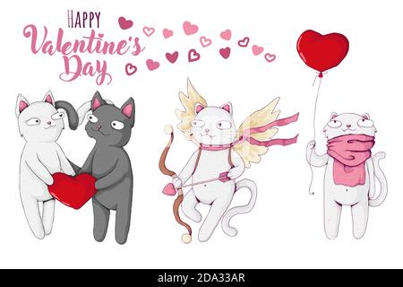 Collezione di simpatici gatti bianchi e neri in stile cartoon. Illustrazione vettoriale. Set di concetti per San Valentino. Texte sur Buon San Valentino. Migliore per Illustrazione Vettoriale