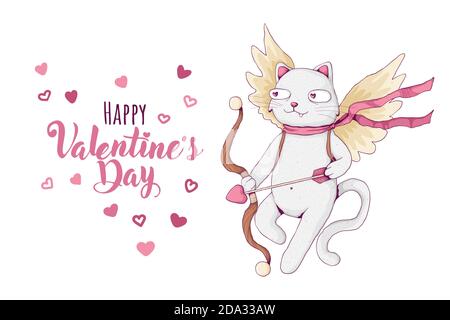 Carino gatto bianco con arco cupido e ali. Concetto di San Valentino. Buon San Valentino testo con cuori. Illustrazione vettoriale in stile cartoon. FO Illustrazione Vettoriale