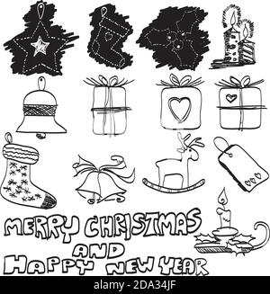 Insieme di icone disegnate a mano di Natale, vettore Illustrazione Vettoriale
