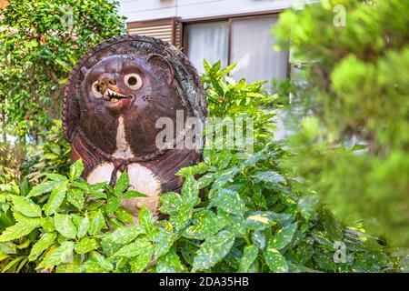 tokyo, giappone - novembre 05 2020: Primo piano su una mitica scultura di un cane da racoon tanuki realizzata in ceramica shigaraki in piedi nelle foglie Foto Stock