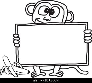 illustrazione vettoriale doodles disegnati a mano di scimmia che tiene il segno vuoto con spazio di copia Illustrazione Vettoriale