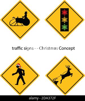 Segnali stradali di avvertimento creativi con il concetto di Natale, vettore. Illustrazione Vettoriale