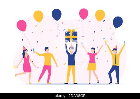 Gruppo di persone felici che alzano le mani per celebrare la vacanza Illustrazione Vettoriale