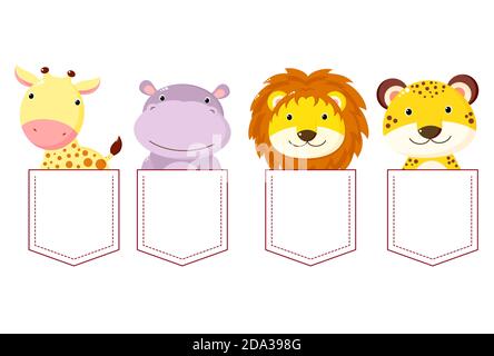 Carino cartoon personaggi Pocket Set. Raccolta di animali kawaii in tasche. Stampa infantile con giraffa, ippopotamo, leone, leopardo per t-shirt. T-shi Illustrazione Vettoriale