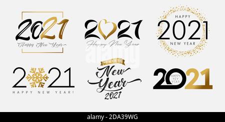Grande set di 2021 Felice anno nuovo oro e logo nero con cuore, fiocco di neve e lettere. modello di progettazione dei numeri 20 e 21. Collezione di 2021 simboli di Natale Illustrazione Vettoriale