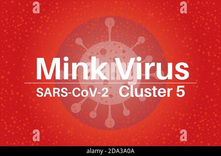 Immagine vettoriale del mink coronavirus SARS-COV-2 Cluster 5 su un rosso sfondo con un logo del virus Illustrazione Vettoriale