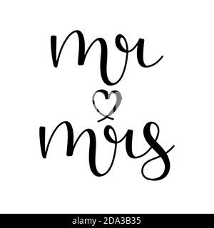 MR e mrs hanno disegnato inchiostro nero con una forma a cuore isolato su sfondo bianco. Illustrazione vettoriale calligrafia script. Illustrazione Vettoriale