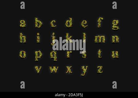 Abaceto decorativo in minuscolo, mock up di font natalizio impostato nell'oscurità Foto Stock