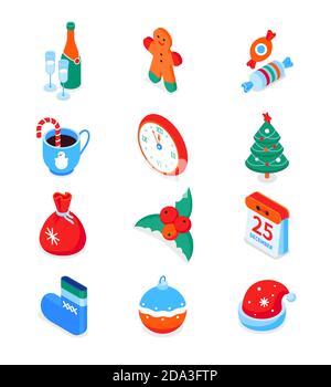 Buon Natale e Felice anno nuovo - moderno colorato isometrico set di icone Illustrazione Vettoriale
