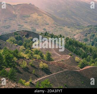 Paesaggio nel versante nord-est del vulcano Etna. Provincia di Catania, Sicilia, italia. Foto Stock