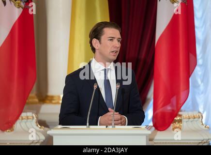 KIEV, UCRAINA - 04 settembre 2018: Cancelliere federale della Repubblica d'Austria Sebastian Kurz durante un incontro con il presidente ucraino Petro Poroshenko Foto Stock