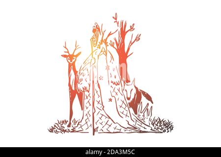 Foresta druida con barba lunga e personale di legno, vecchio mago, lupo e cervi, mago saggio con animali Illustrazione Vettoriale