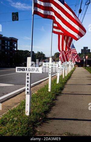 DULUTH, STATI UNITI - 07 novembre 2020: Duluth, Georgia / Stati Uniti - 6 novembre 2020: Croci bianche e bandiere americane fiancheggiano una strada cittadina in memor Foto Stock