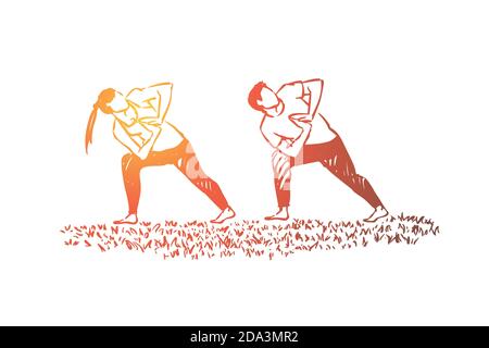 Persone in abiti sportivi che lavorano insieme, allenatore fitness e allievo, marito e moglie che fanno ginnastica Illustrazione Vettoriale