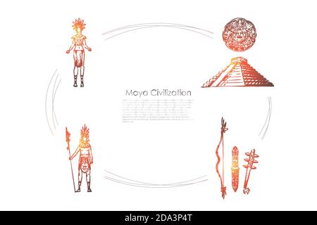 Civiltà Maya - Maya persone, strumenti e vettore piramidale insieme di concetto Illustrazione Vettoriale