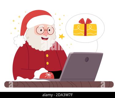 Santa è alla ricerca di regali sul sito internet.Ecommerce xmas Time Holiday vendita shopping online concept.Illustrazione per bambini Book.Simple il Illustrazione Vettoriale