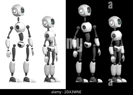 Un robot umanoide isolato su sfondo bianco e nero. Il robot è diviso in parti componenti per l'assemblaggio. Rendering 3D Foto Stock