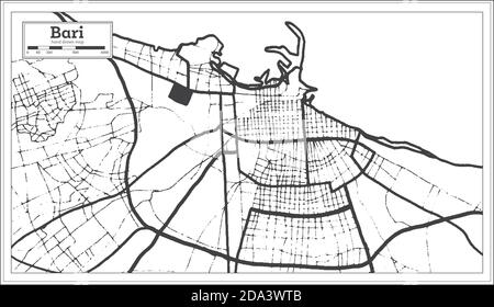 Bari Mappa della città in bianco e nero in stile retro. Mappa di contorno. Illustrazione vettoriale. Illustrazione Vettoriale