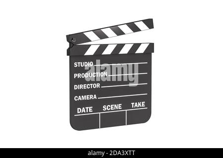 Clapperboard isolato su sfondo bianco - ardesia a pellicola aperta con luogo per il testo - mockup - rendering 3d Foto Stock