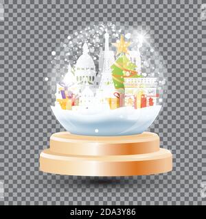 Magic Christmas Crystal Ball con monumenti storici di Parigi, scatole regalo e l'albero dell'Abete. Illustrazione vettoriale. Palla da neve in vetro souvenir su griglia trasparente. Singolo Illustrazione Vettoriale