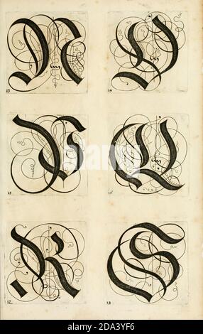 Lettera e ornamenti da 1655, Calligraphy, disegno, inchiostro, pennello, scrittura Foto Stock