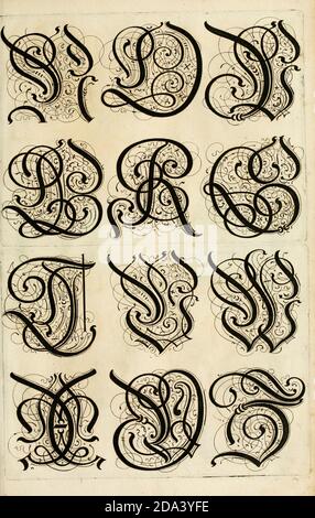 Lettera e ornamenti da 1655, Calligraphy, disegno, inchiostro, pennello, scrittura Foto Stock