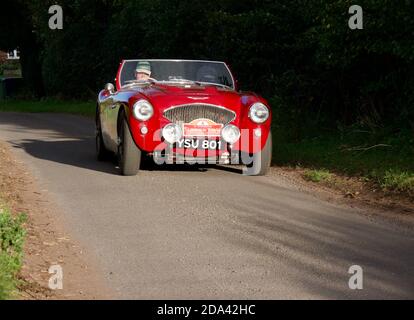 Rally che guida nel sole serale in una Austin Healy 100 M. Foto Stock