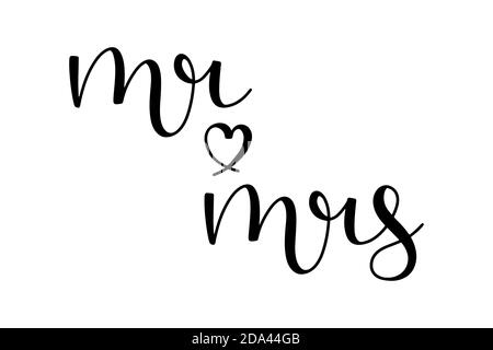 MR e mrs hanno disegnato inchiostro nero con una forma a cuore isolato su sfondo bianco. Illustrazione vettoriale calligrafia script. Illustrazione Vettoriale