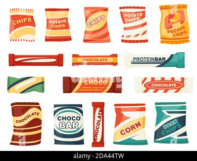 Set di prodotti snack per distributori automatici, patatine fast food e. barrette di cioccolato illustrazione vettoriale piatta isolato su sfondo bianco Illustrazione Vettoriale