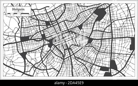Mappa della città di Holguin Cuba in bianco e nero in stile retro. Mappa di contorno. Illustrazione vettoriale. Illustrazione Vettoriale