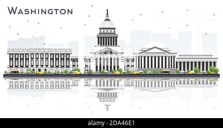 Washington DC USA City Skyline con edifici grigi e riflessi isolati su bianco. Illustrazione vettoriale. Illustrazione Vettoriale