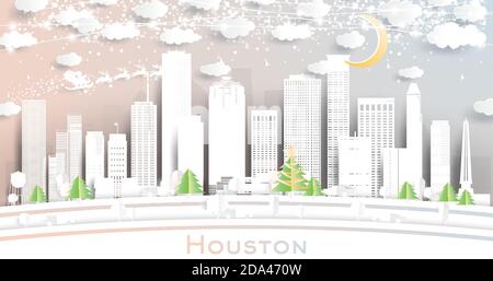 Houston Texas USA City Skyline in stile Paper Cut con fiocchi di neve, Luna e Neon Garland. Illustrazione vettoriale. Natale e Capodanno. Illustrazione Vettoriale