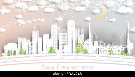 San Francisco California USA City Skyline in stile Paper Cut con fiocchi di neve, Luna e Neon Garland. Illustrazione vettoriale. Illustrazione Vettoriale