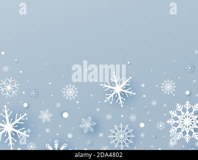 New Year fiocchi di neve confine. Festa di celebrazione sfondo. Decorazioni natalizie con fiocchi di neve tagliati in carta bianca e neve in caduta. Vacanze invernali Illustrazione Vettoriale