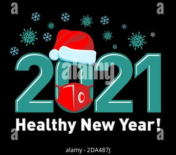 2021 Poster o logo di concetto di Capodanno sano con cappello di Santa e maschera rossa. Fermare il coronavirus influenzale. Vettore su sfondo nero Illustrazione Vettoriale