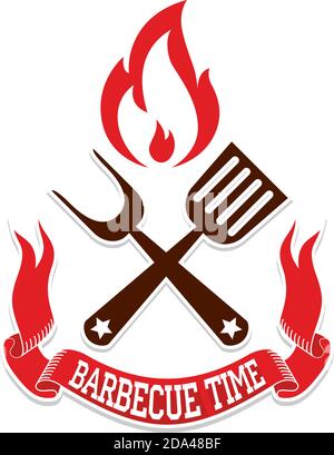 Logo tempo barbecue. Concetto di fuoco BBQ in combinazione con spatola e forchetta. Illustrazione, vettore su sfondo trasparente Illustrazione Vettoriale