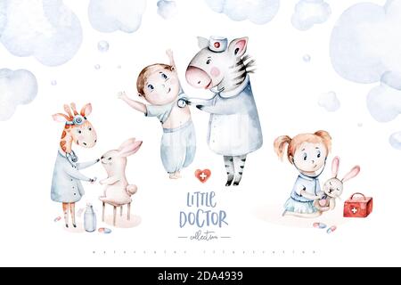 Cute cartoon zebra animale, ippopotamo, medico giraffa. bambini bambini e bambina. Pillole, ambulanza, maschera, batteri, virus, coronavirus. Acquerello Foto Stock