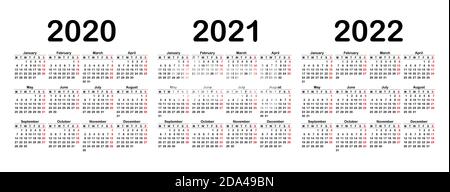 Calendario 2020, 2021 e 2022 modello. Inizio settimana lunedì. Calendario design in bianco e nero, vacanze in rosso. Vettore Illustrazione Vettoriale