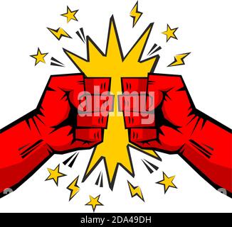 Due pugni aggrappati che si scontrano insieme. Pugno lotta, lotta senza regole fumetto immagine. Il concetto di conflitto, confronto, resistenza, concorrenza, s Illustrazione Vettoriale