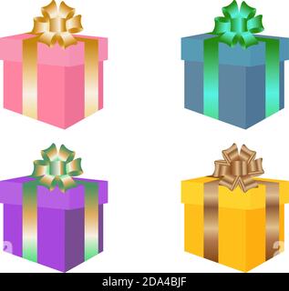 Set di quattro confezioni regalo colorate con archi sfumati e. nastri Illustrazione Vettoriale