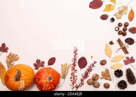 Giorno di ringraziamento o composizione autunnale di Halloween da zucche, coni di pino, noci e foglie colorate. Decorazioni festive con spazio per la copia Foto Stock