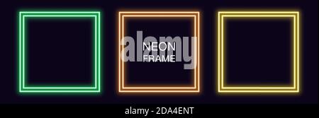 Cornice quadrata al neon. Set di bordi al neon a quadratura con contorno doppio. Forma geometrica con spazio di copia, elemento grafico futuristico per i social media stori Illustrazione Vettoriale